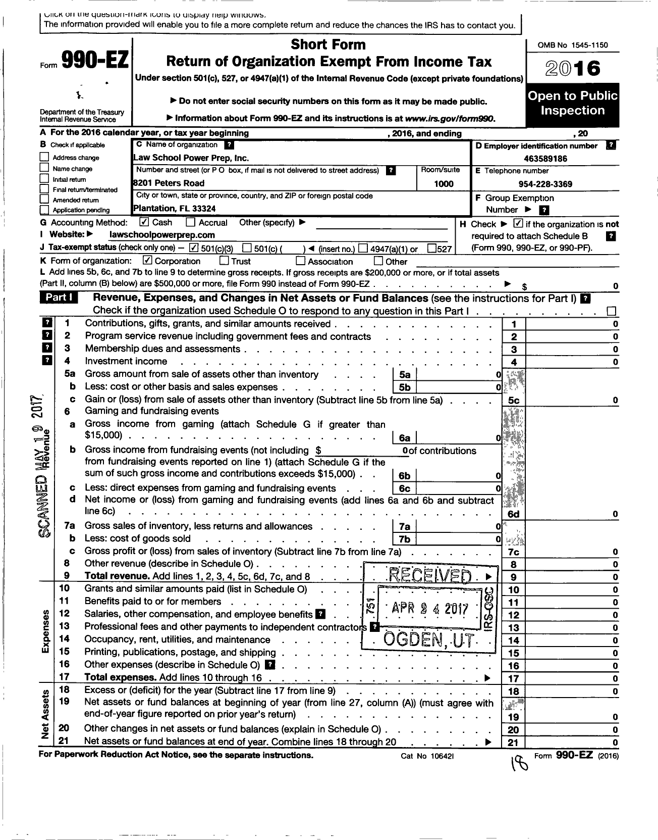 Image of first page of 2016 Form 990EZ for Law School Power Prep