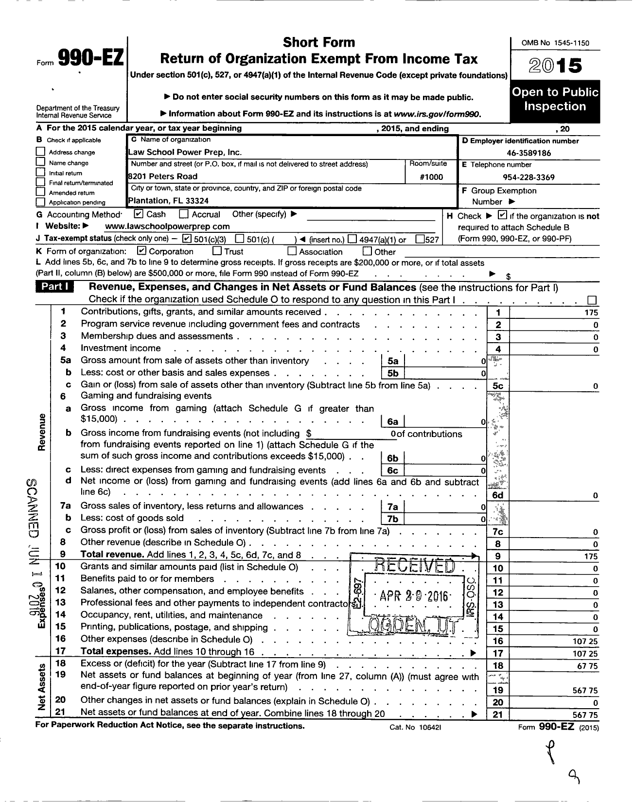 Image of first page of 2015 Form 990EZ for Law School Power Prep