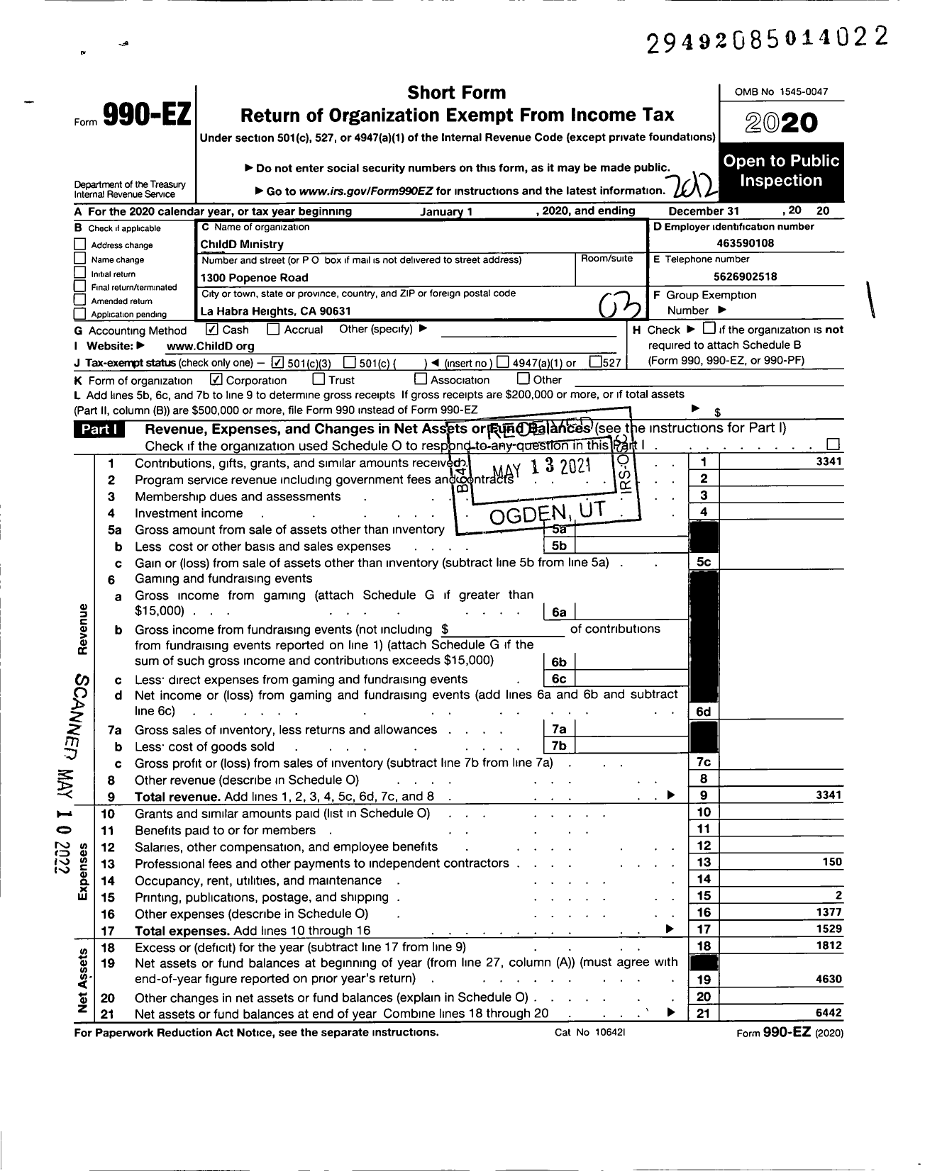 Image of first page of 2020 Form 990EZ for Childd Ministry