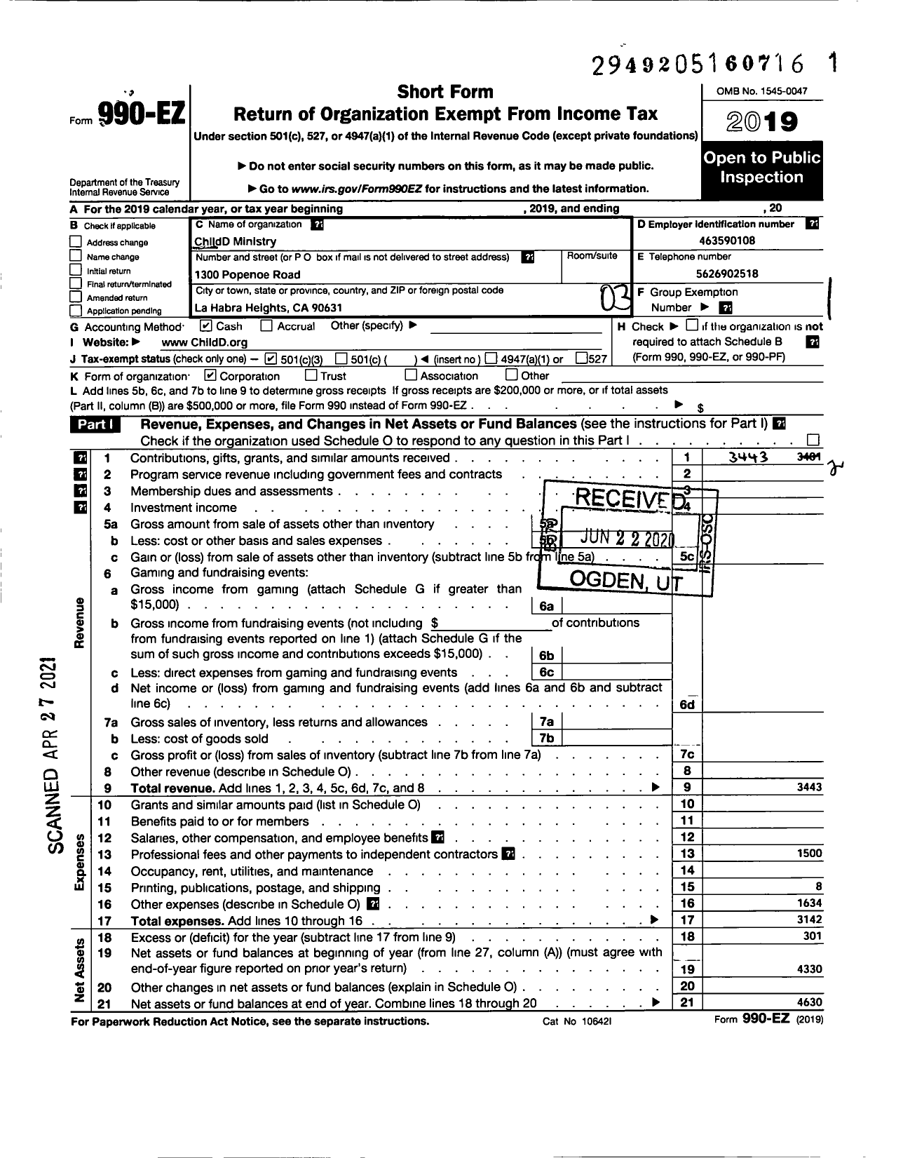 Image of first page of 2019 Form 990EZ for Childd Ministry