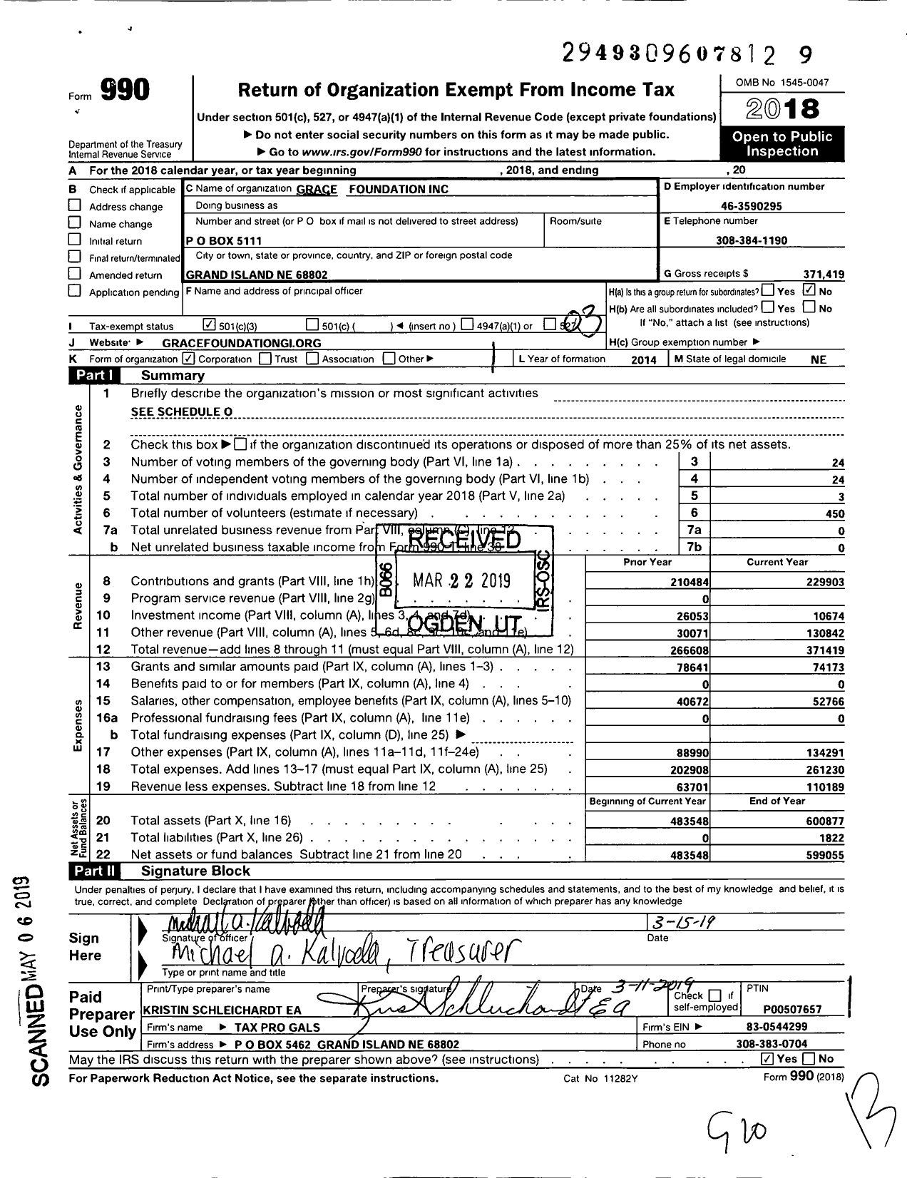 Image of first page of 2018 Form 990 for Grace Foundation