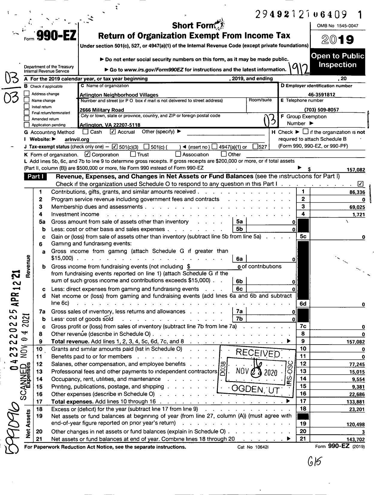 Image of first page of 2019 Form 990EZ for Arlington Neighborhood Villages