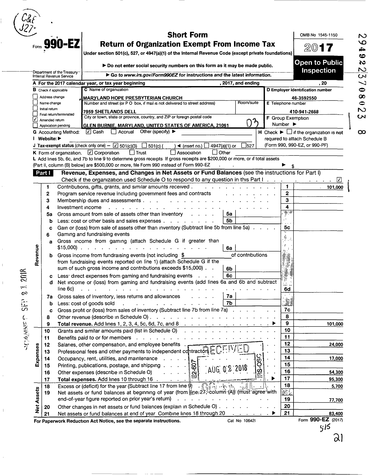 Image of first page of 2017 Form 990EZ for Maryland Hope Presyterian Church