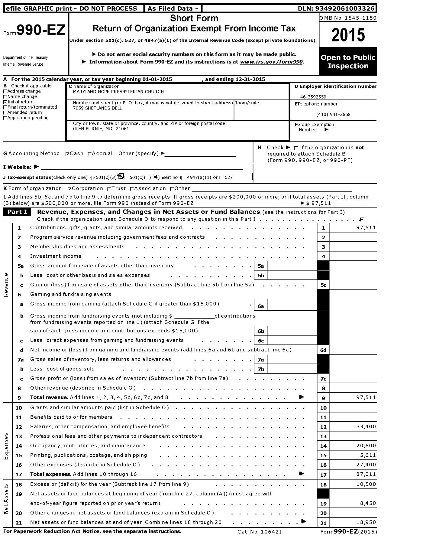 Image of first page of 2015 Form 990EZ for Maryland Hope Presbyterian Church