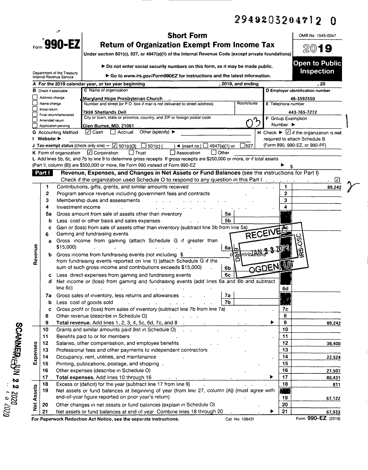 Image of first page of 2019 Form 990EZ for Maryland Hope Presyterian Church