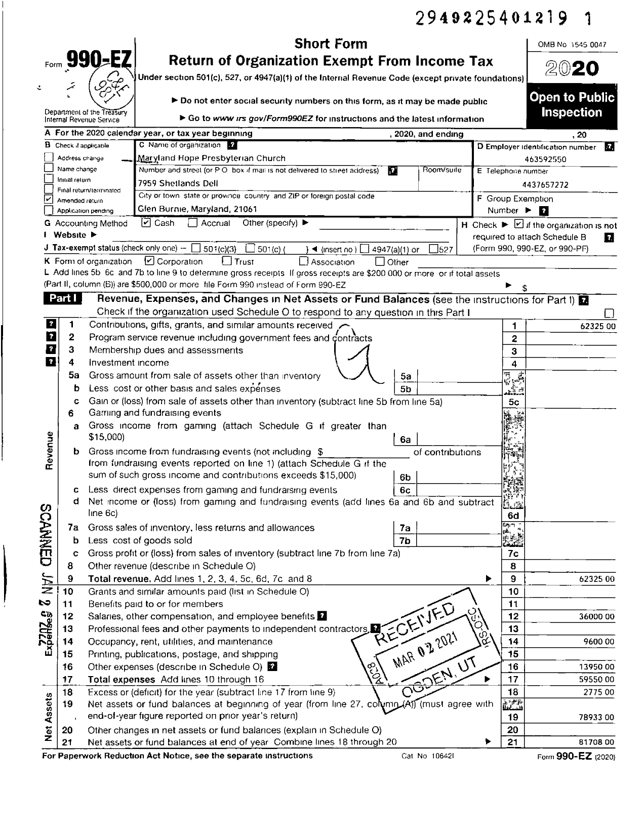 Image of first page of 2020 Form 990EO for Maryland Hope Presyterian Church