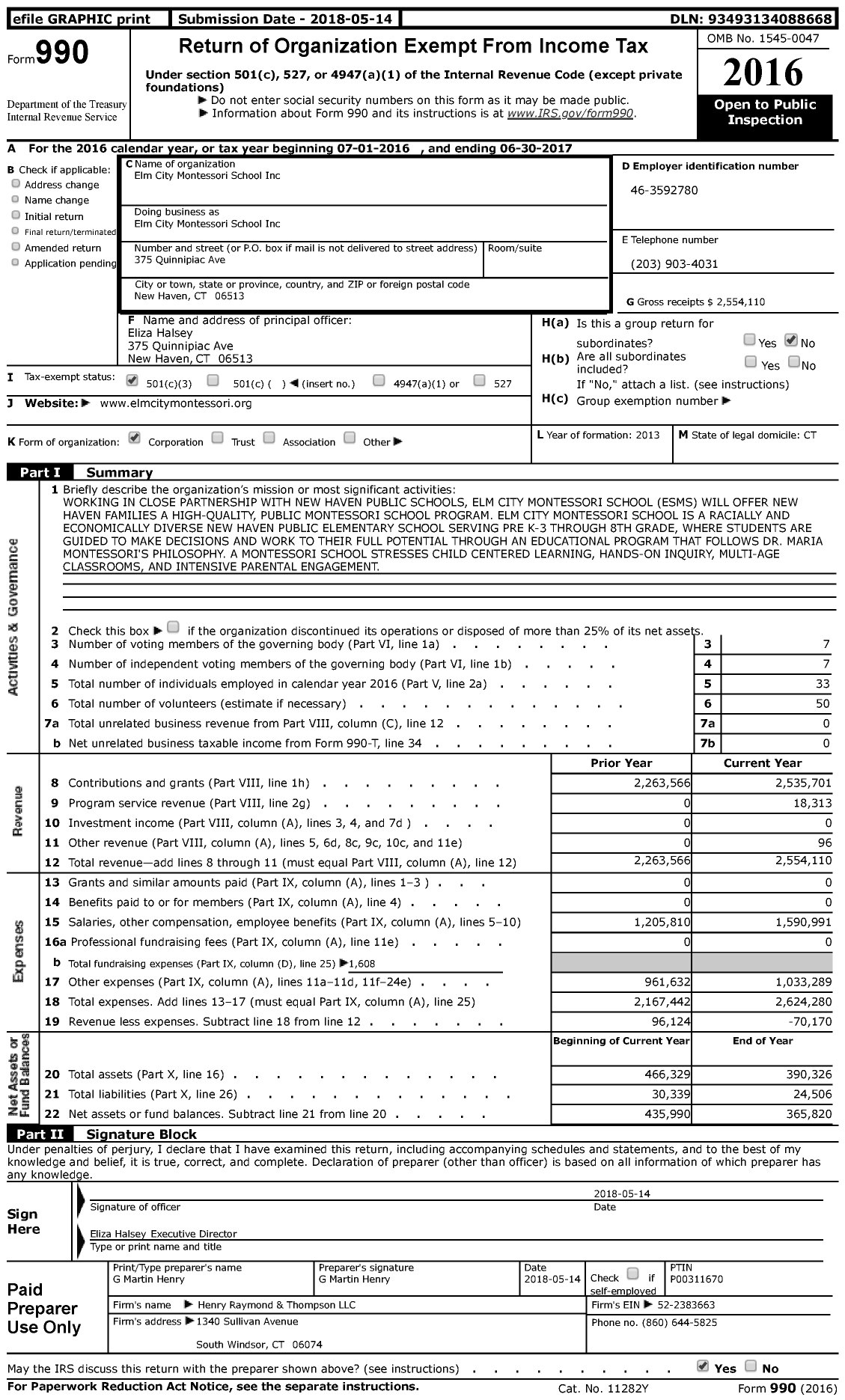Image of first page of 2016 Form 990 for Elm City Montessori School