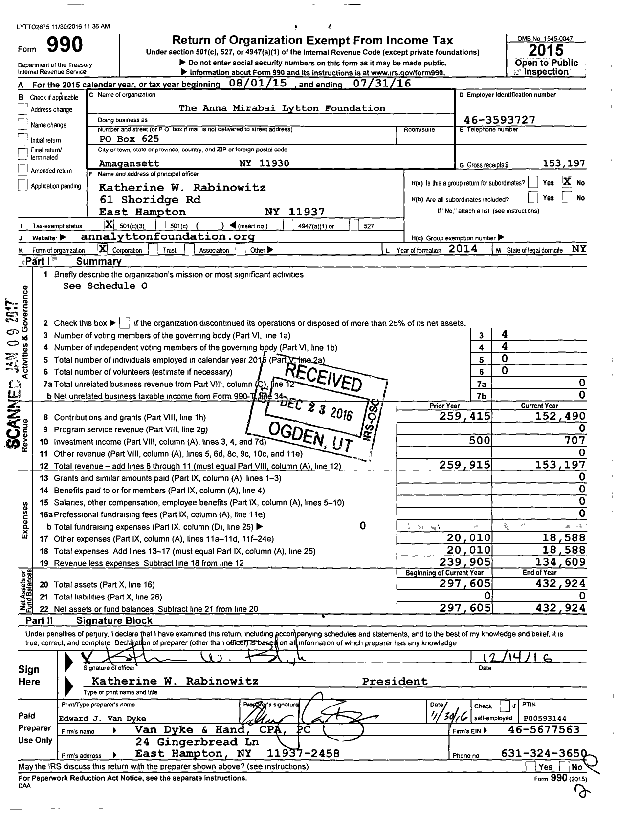 Image of first page of 2015 Form 990 for The Anna Mirabai Lytton Foundation