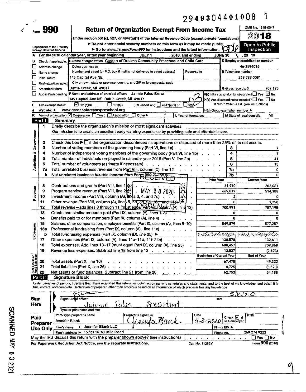 Image of first page of 2018 Form 990 for Garden of Dreams Community Preschool and Child Care