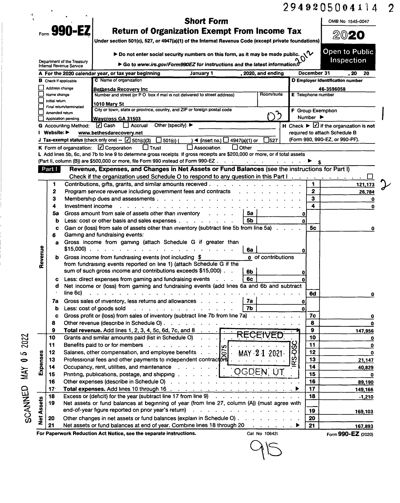 Image of first page of 2020 Form 990EZ for Bethesda Recovery