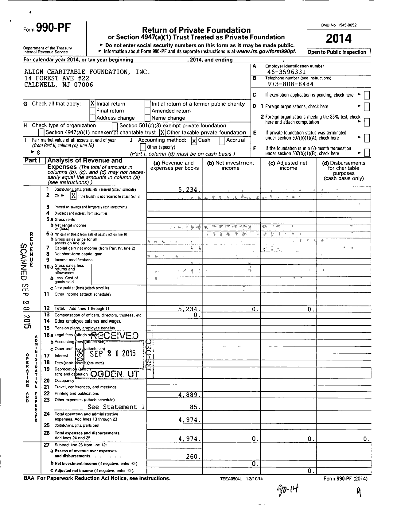 Image of first page of 2014 Form 990PF for Align Charitable Foundation