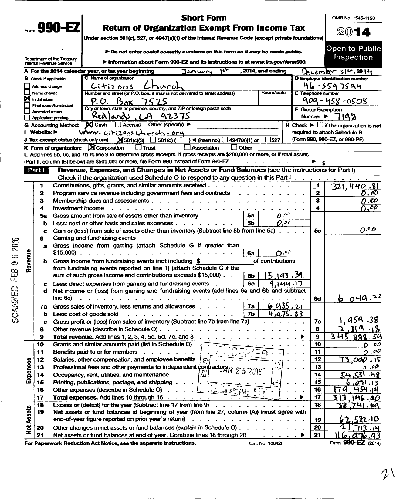 Image of first page of 2014 Form 990EZ for Citizens Church