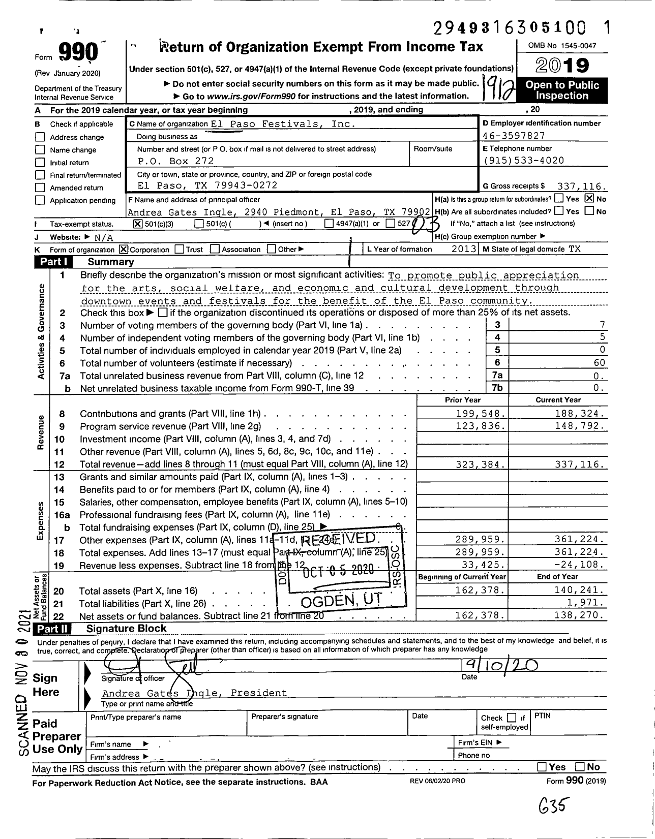 Image of first page of 2019 Form 990 for El Paso Festivals