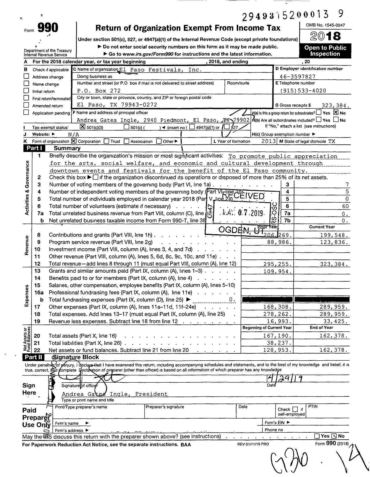 Image of first page of 2018 Form 990 for El Paso Festivals