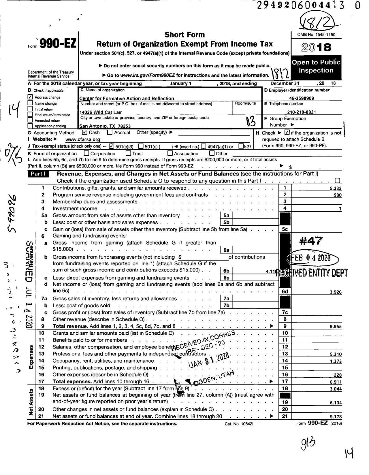 Image of first page of 2018 Form 990EZ for Center for Formative Action and Reflection