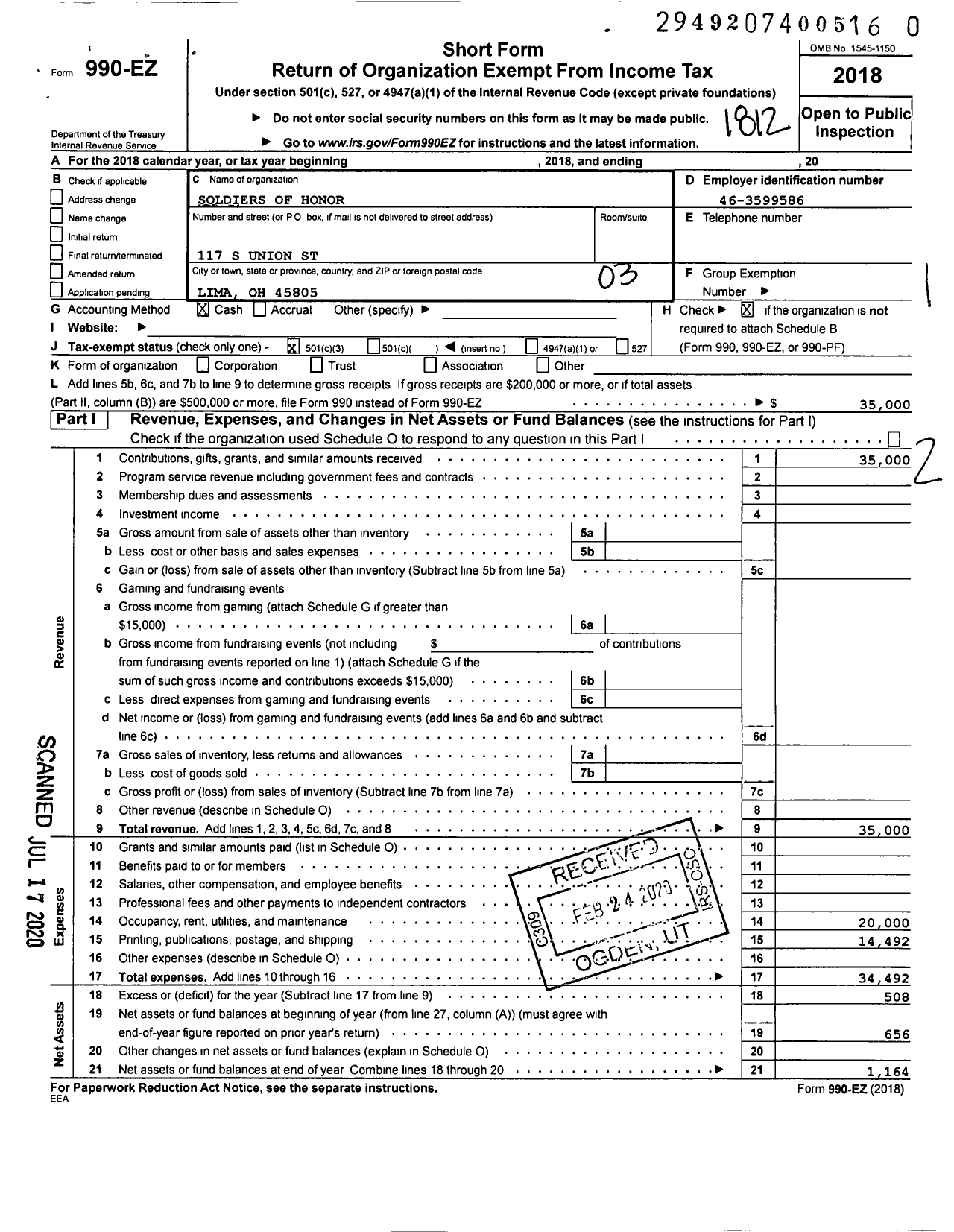 Image of first page of 2018 Form 990EZ for Soldiers of Honor