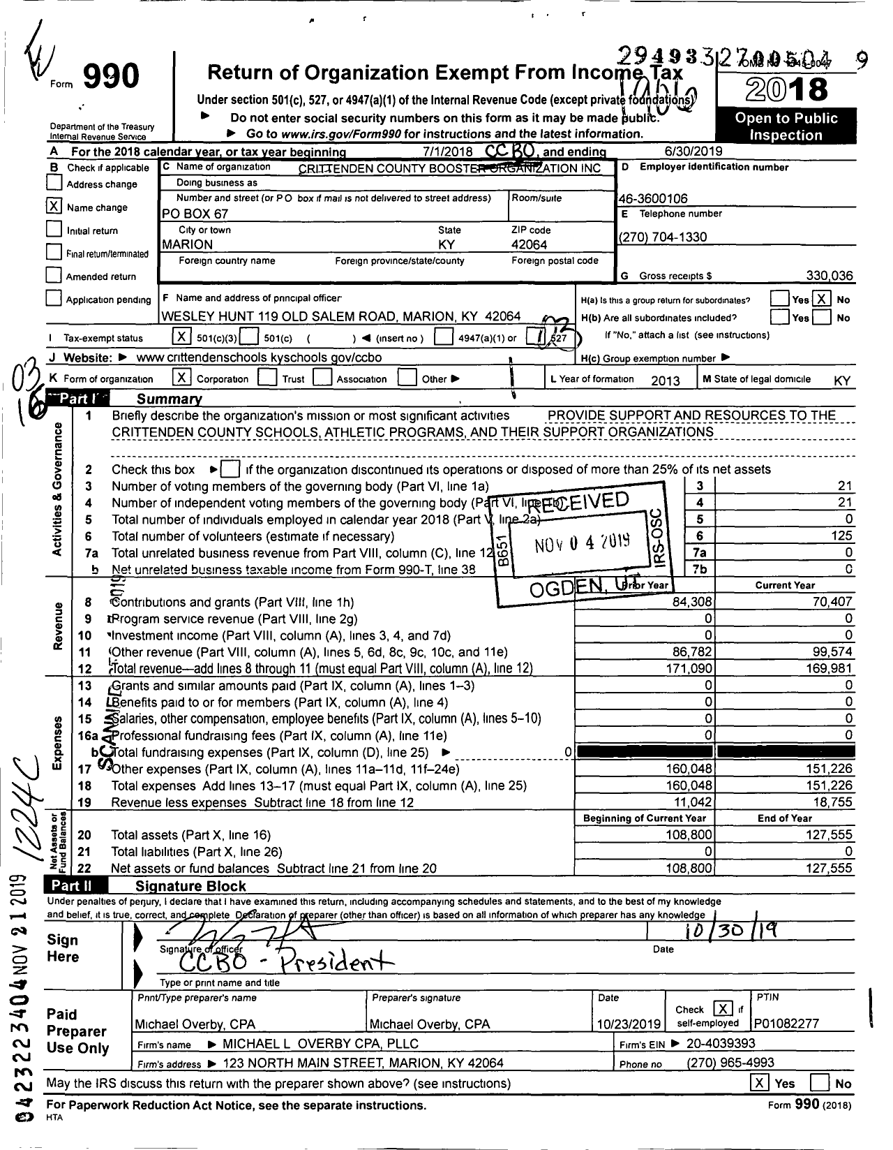 Image of first page of 2018 Form 990 for Crittenden County Booster Organization (CCBO)