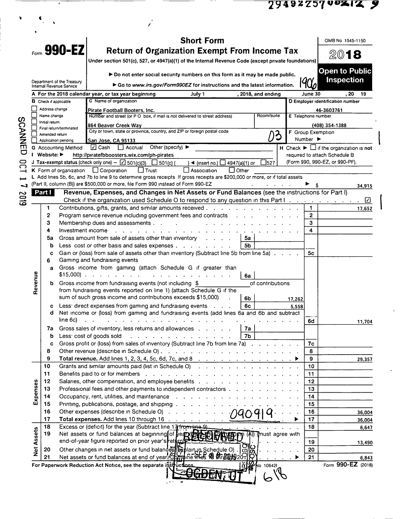 Image of first page of 2018 Form 990EZ for Pirate Football Boosters