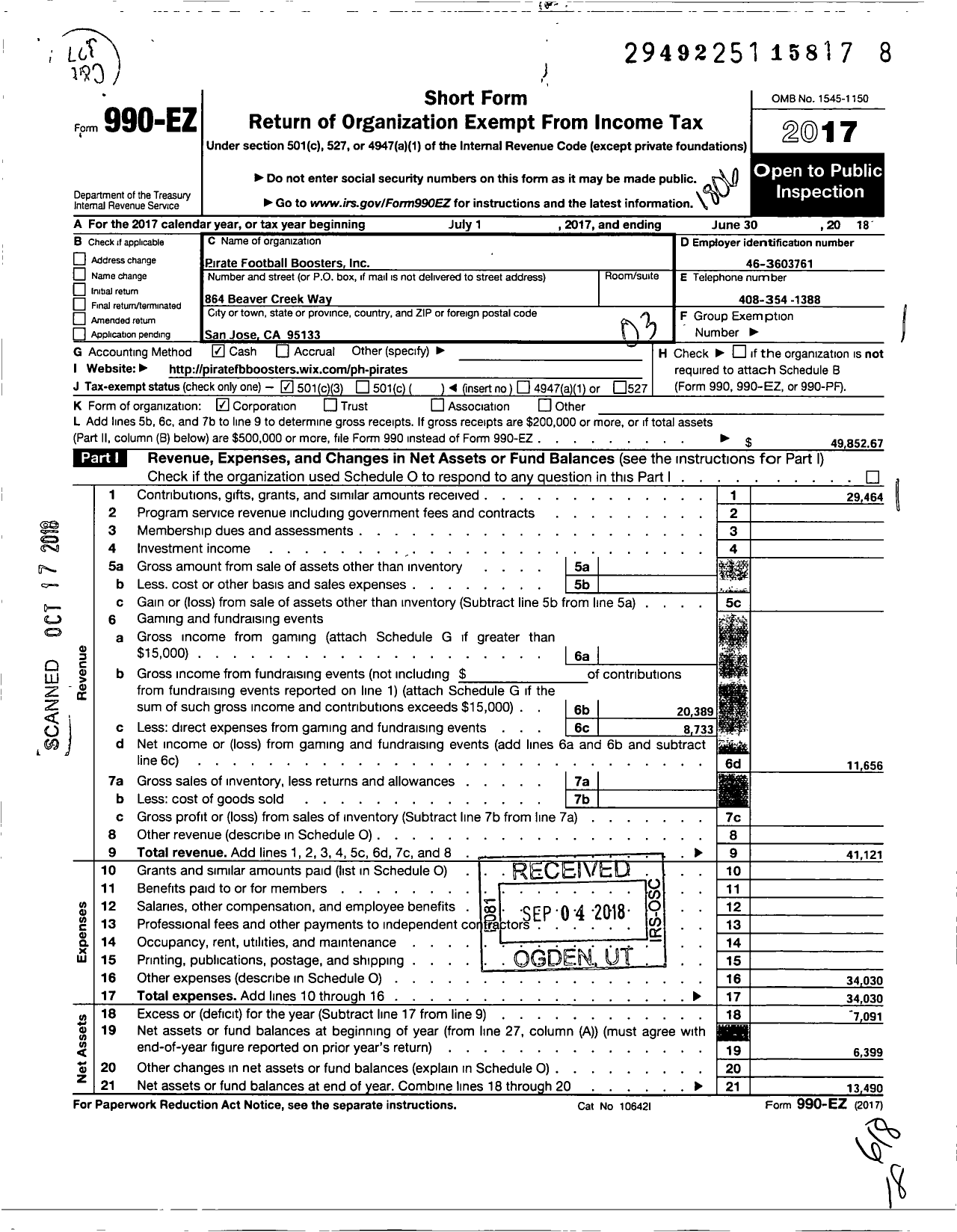 Image of first page of 2017 Form 990EZ for Pirate Football Boosters