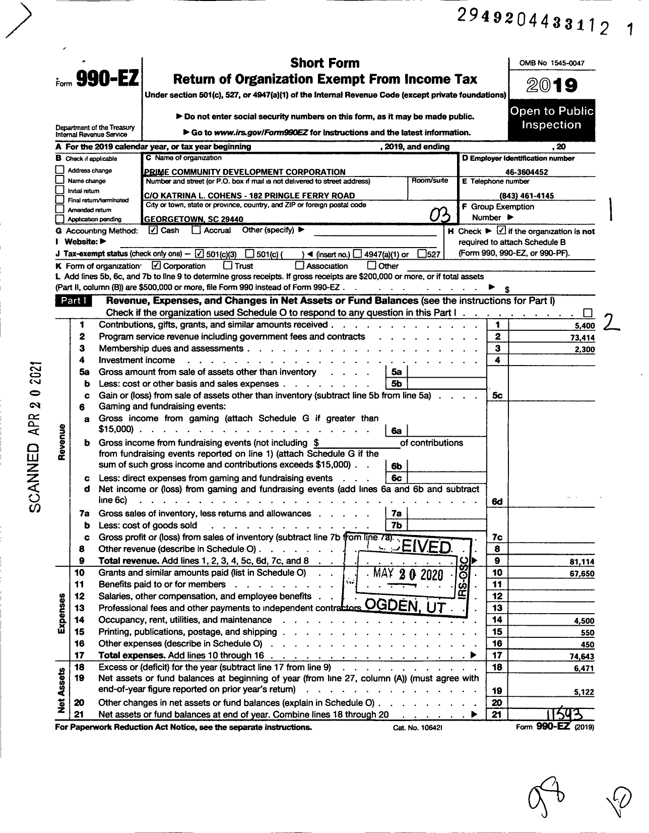 Image of first page of 2019 Form 990EZ for Prime Community Development Corporation