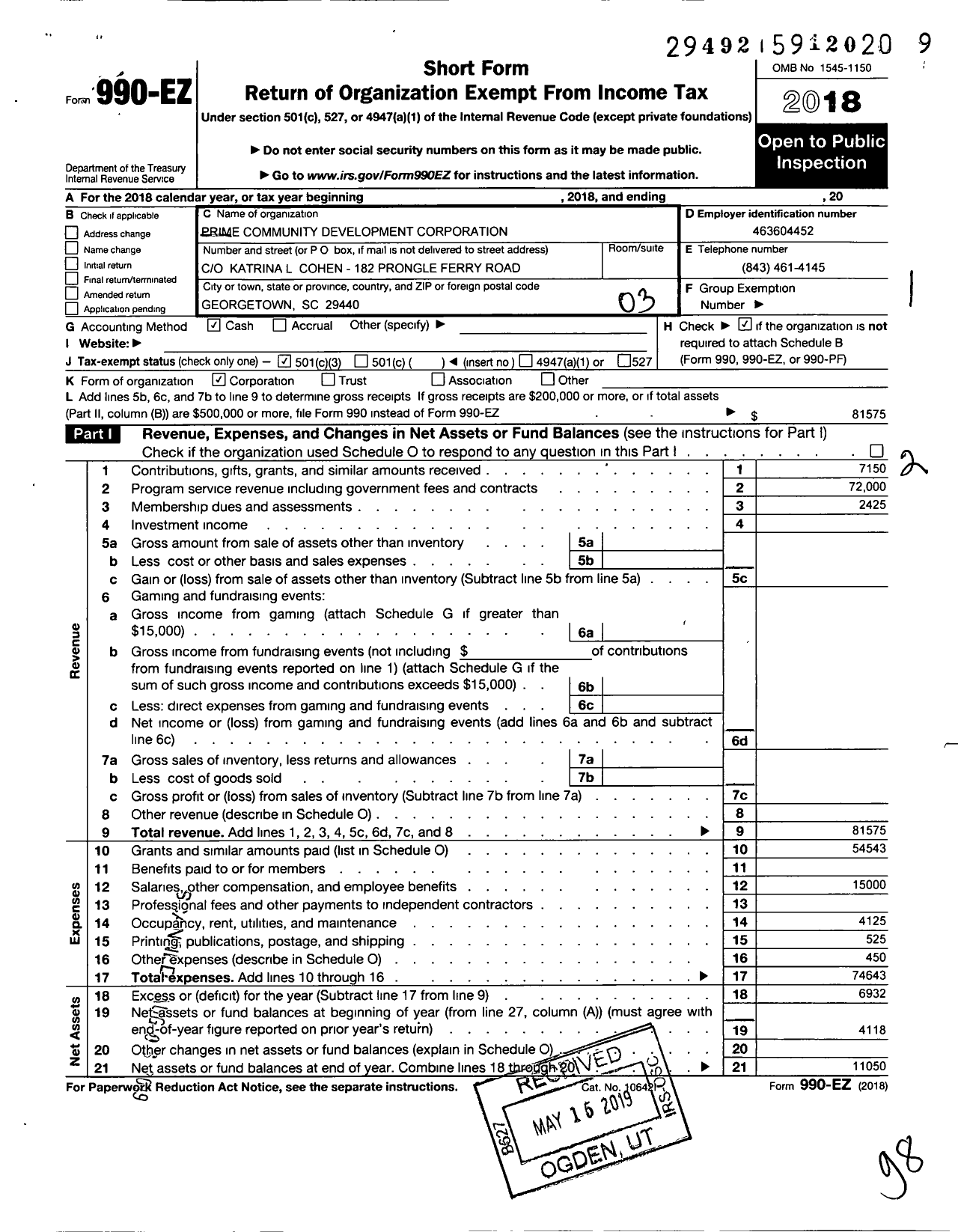 Image of first page of 2018 Form 990EZ for Prime Community Development Corporation