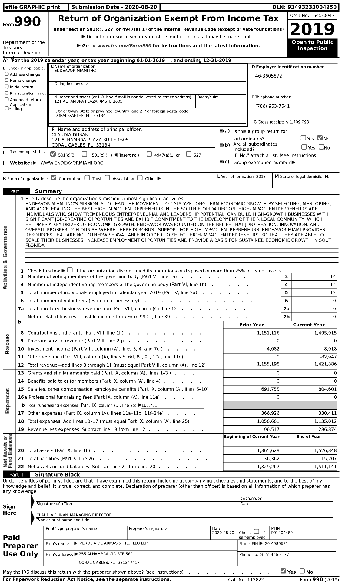 Image of first page of 2019 Form 990 for Endeavor Miami