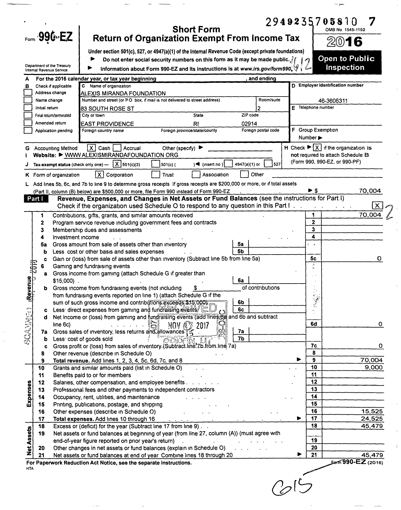 Image of first page of 2016 Form 990EZ for Alexis Miranda Foundation