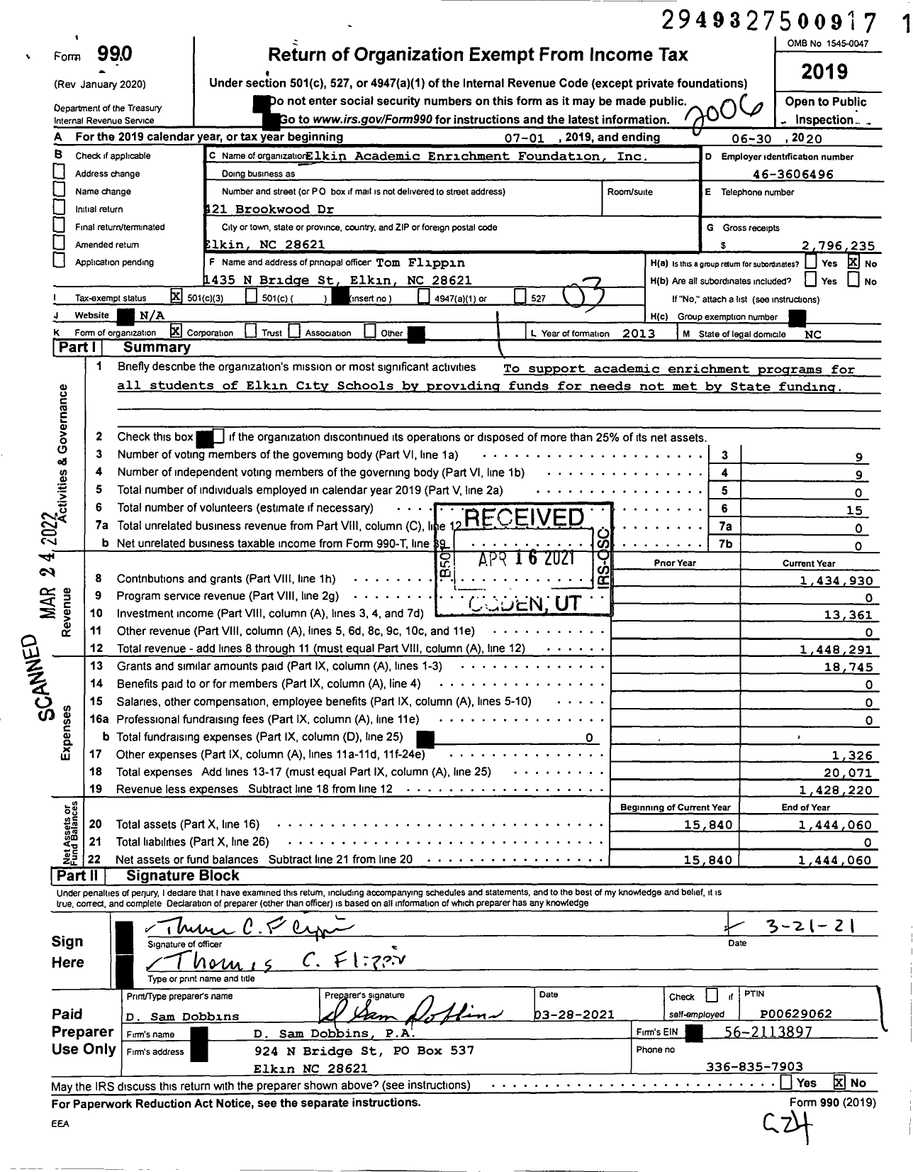 Image of first page of 2019 Form 990 for Elkin Academic Enrichment Foundation