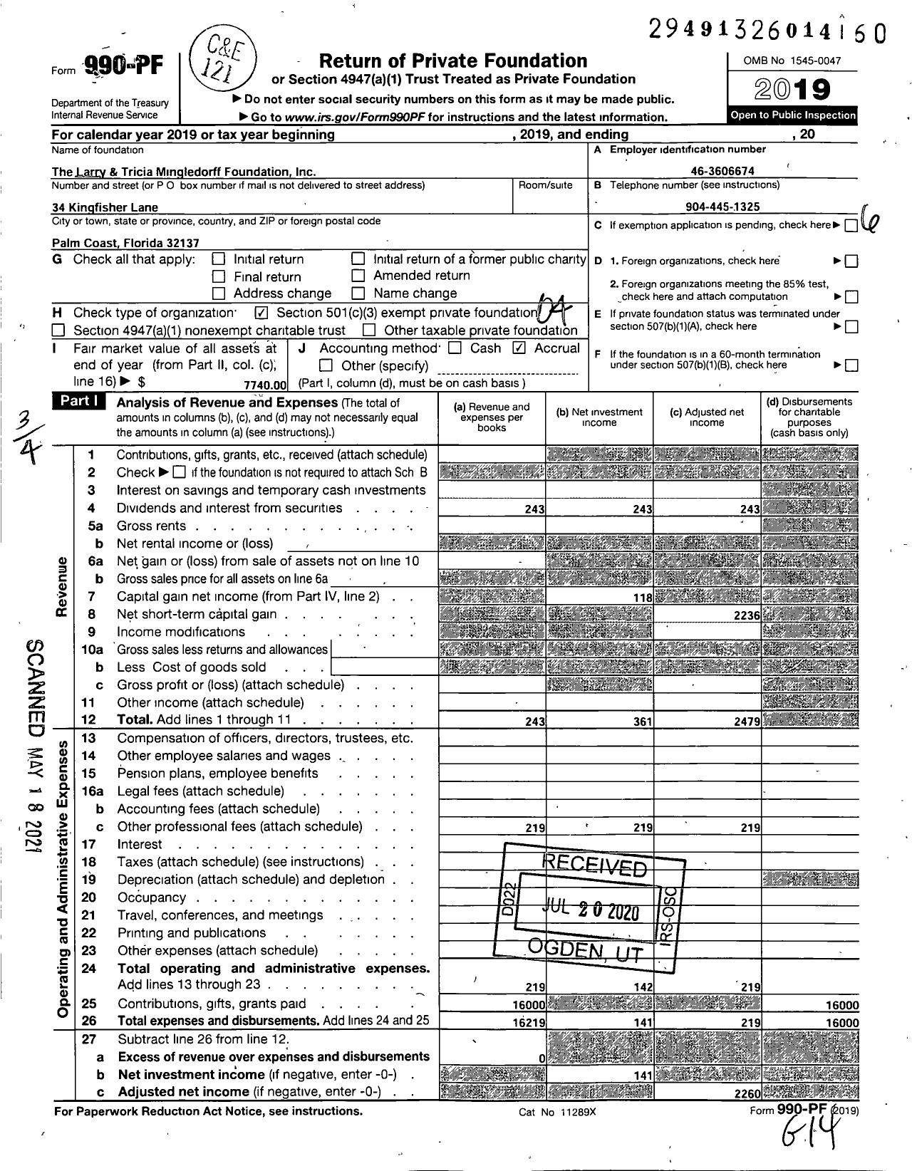 Image of first page of 2019 Form 990PF for Larry and Tricia Mingledorff Foundation