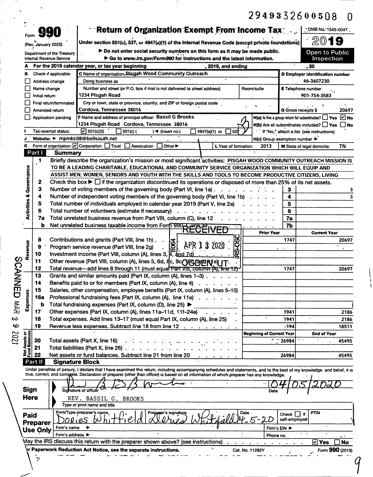 Image of first page of 2019 Form 990 for Pisgah Wood Community Outreach