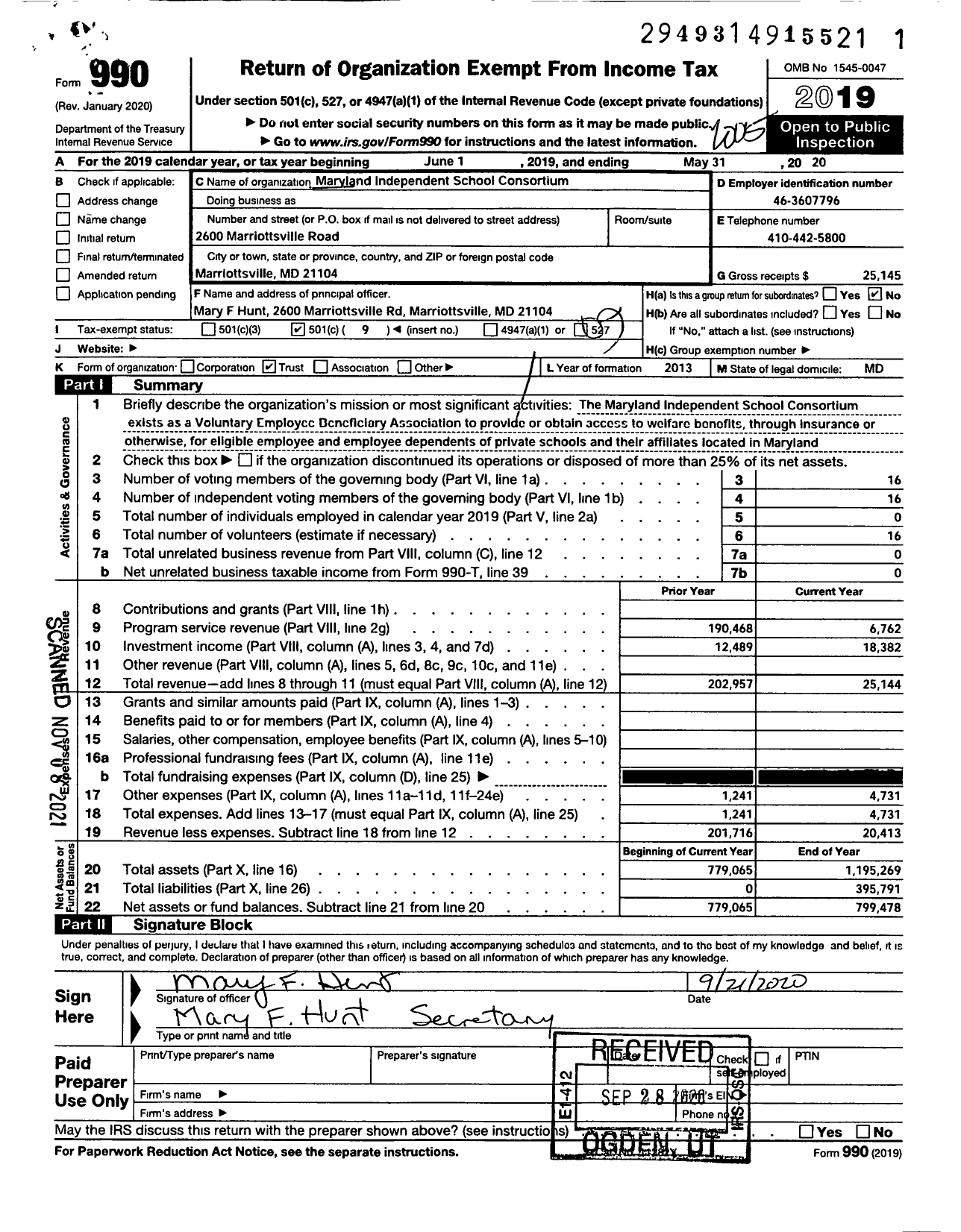 Image of first page of 2019 Form 990O for Maryland Independent School Consortium