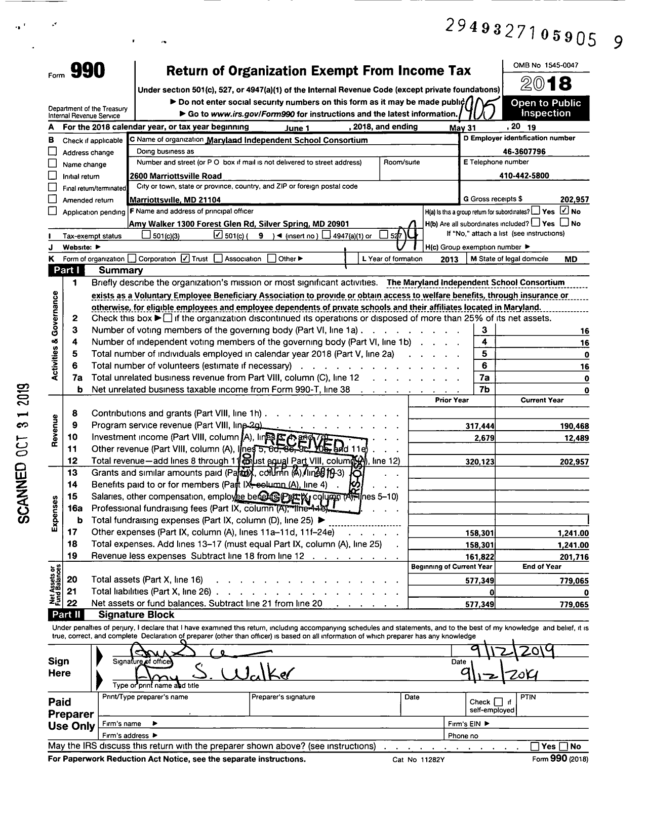 Image of first page of 2018 Form 990O for Maryland Independent School Consortium