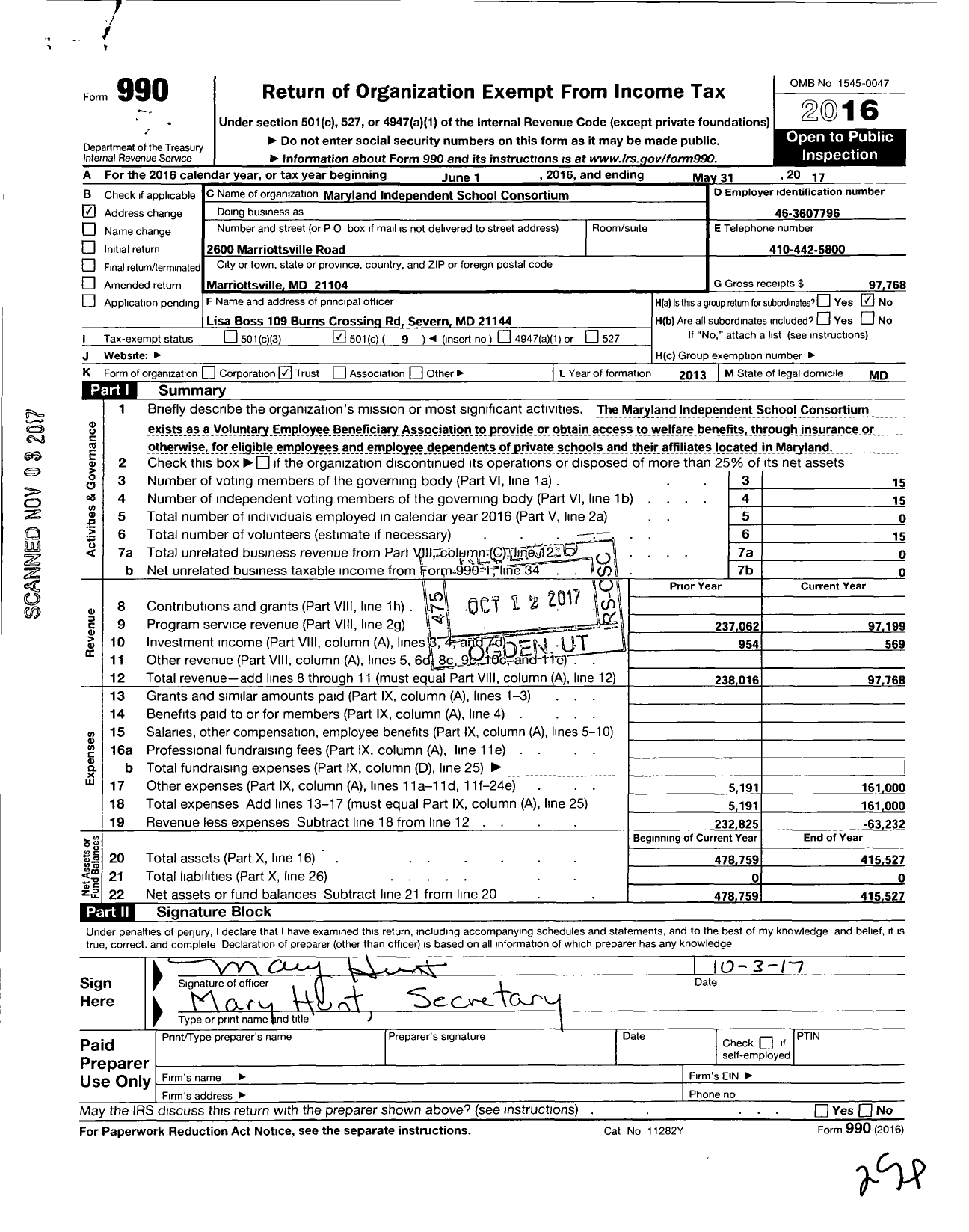 Image of first page of 2016 Form 990O for Maryland Independent School Consortium