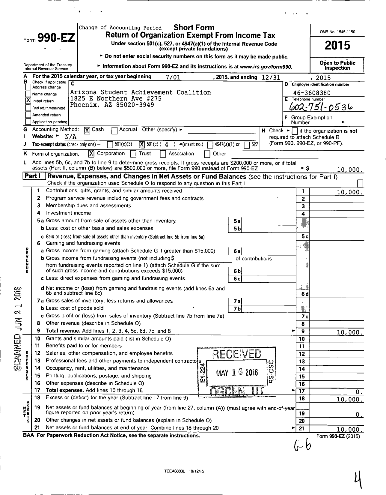 Image of first page of 2015 Form 990EO for Arizona Student Achievement Coalition