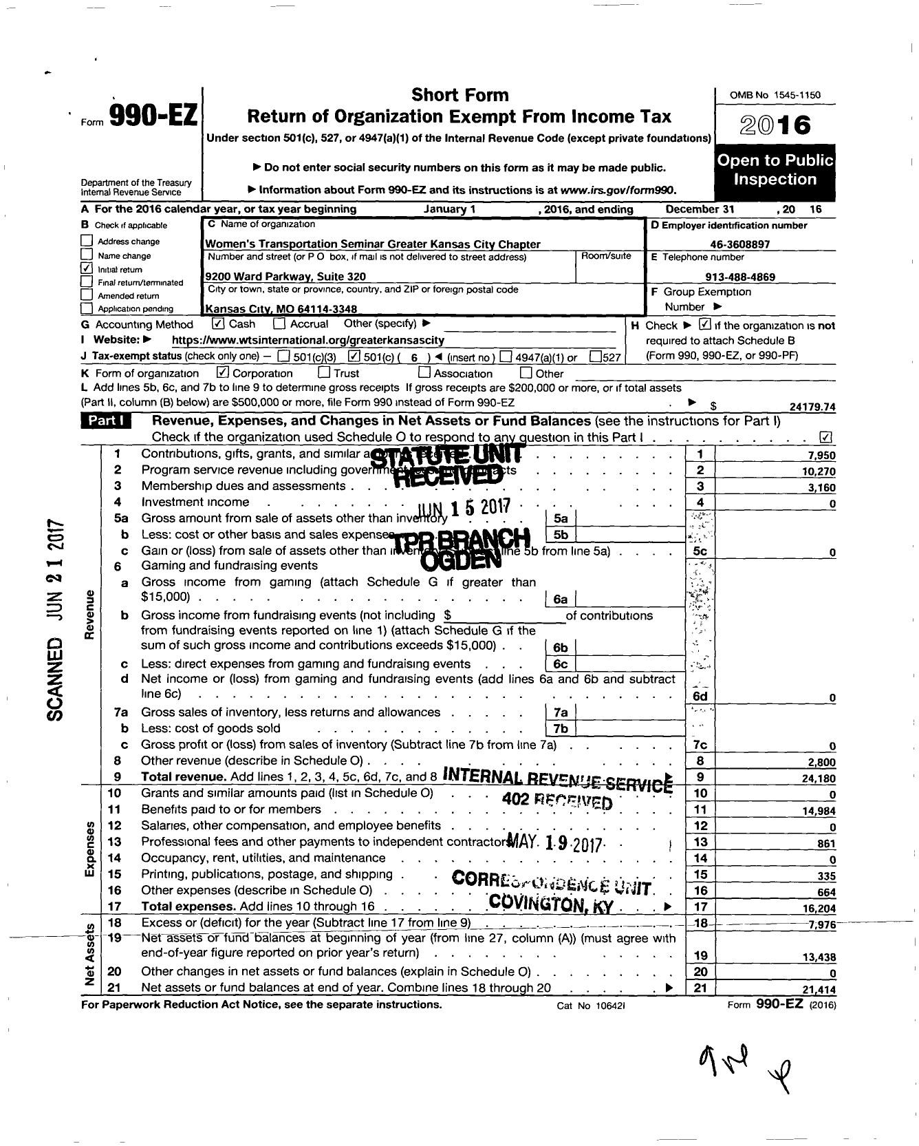 Image of first page of 2016 Form 990EO for Womens Transportation Seminar Greater Kansas City Chapter