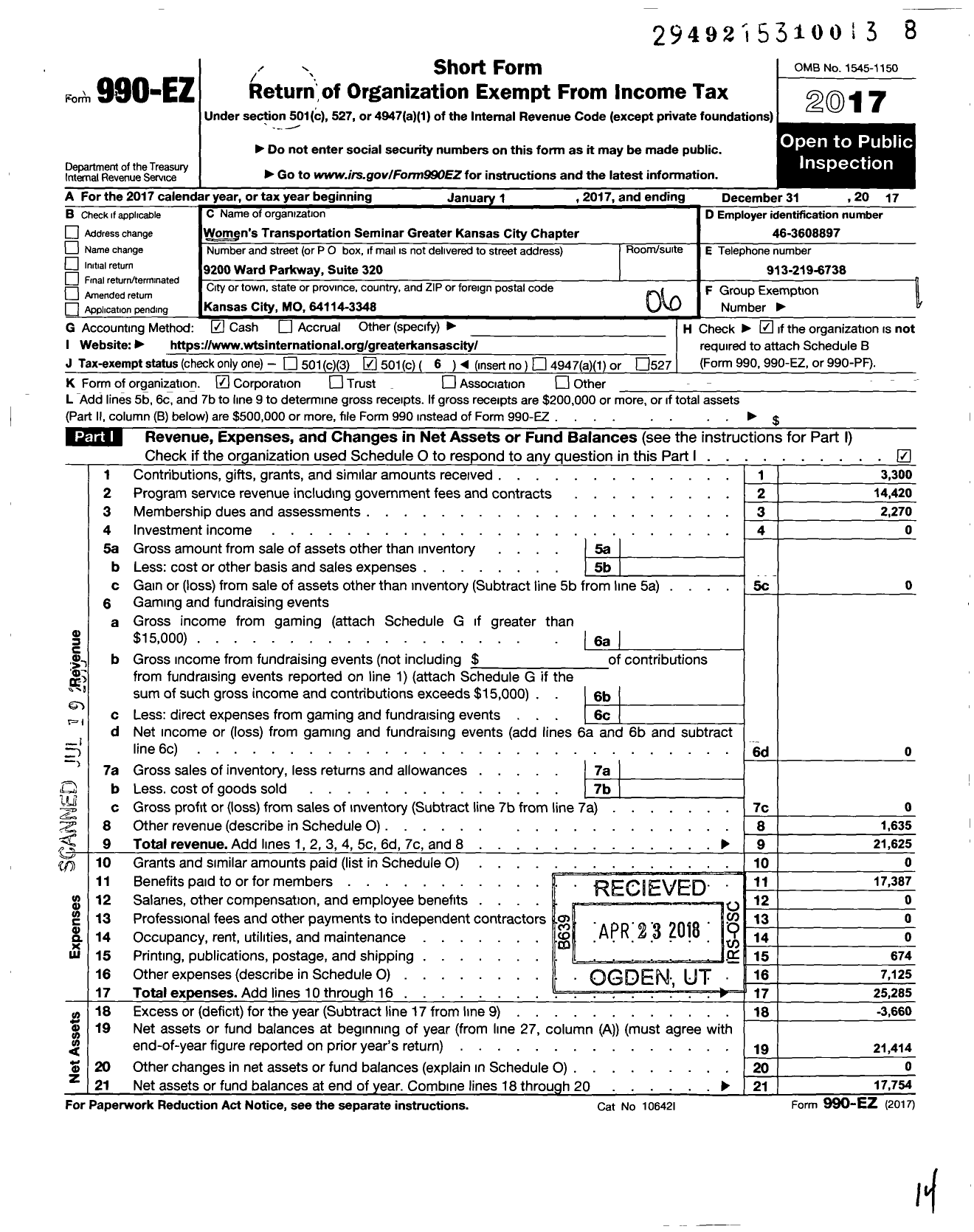 Image of first page of 2017 Form 990EO for Womens Transportation Seminar Greater Kansas City Chapter