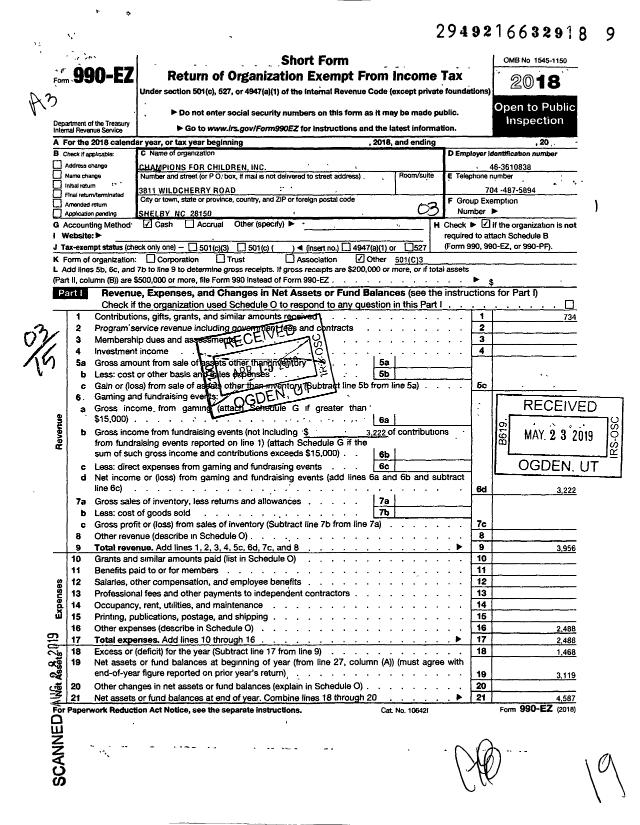 Image of first page of 2018 Form 990EZ for Champions for Children