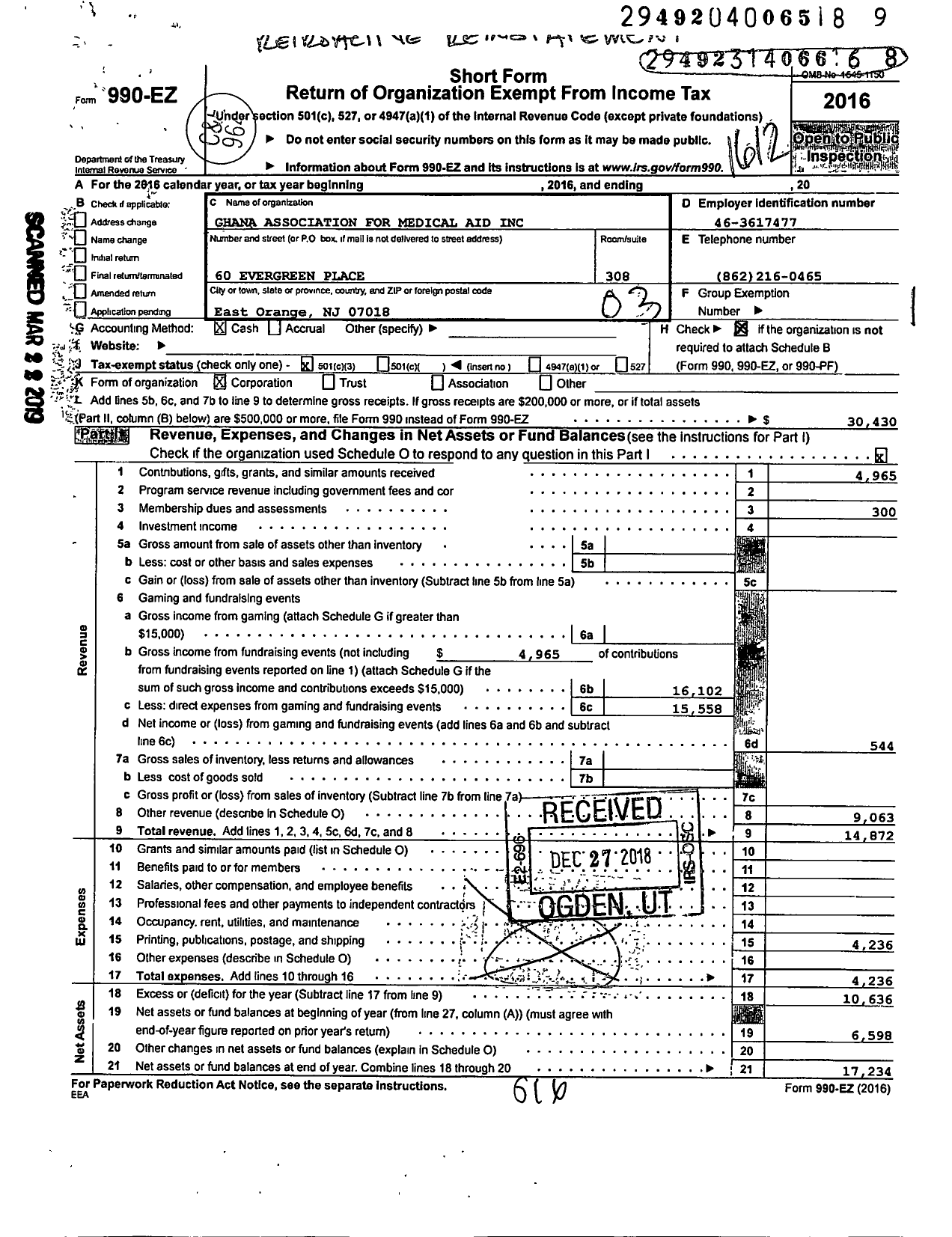 Image of first page of 2016 Form 990EZ for Ghana Association for Medical Aid