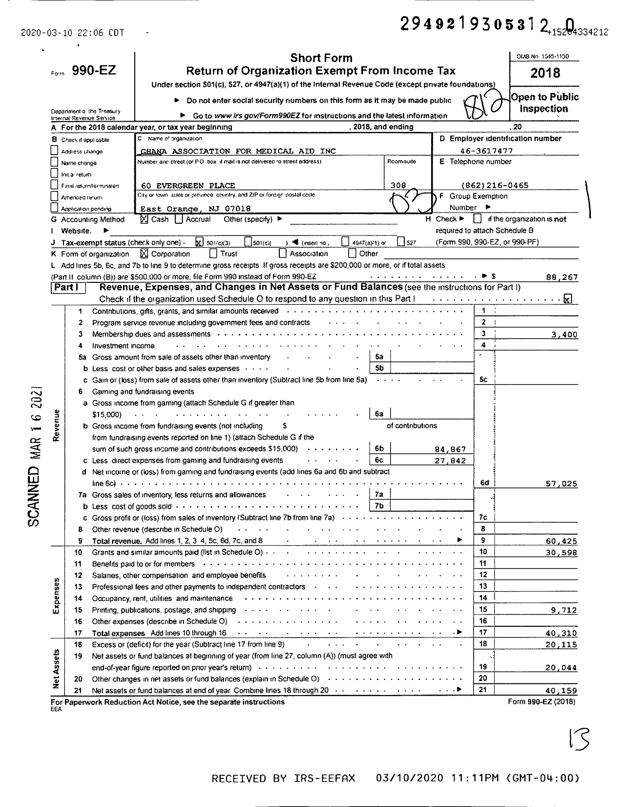 Image of first page of 2018 Form 990EZ for Ghana Association for Medical Aid