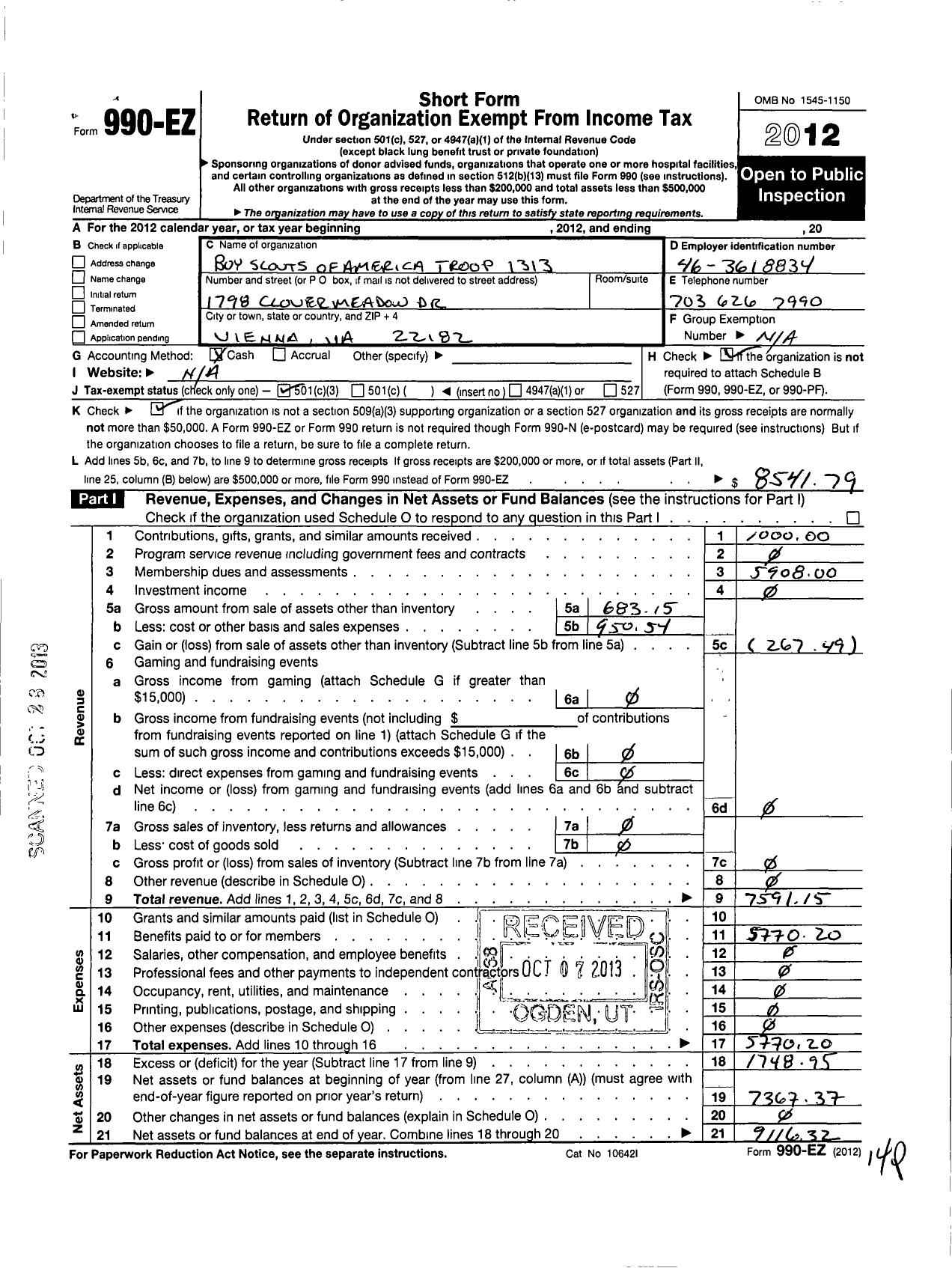 Image of first page of 2012 Form 990EZ for Boy Scouts of America Troop 1313