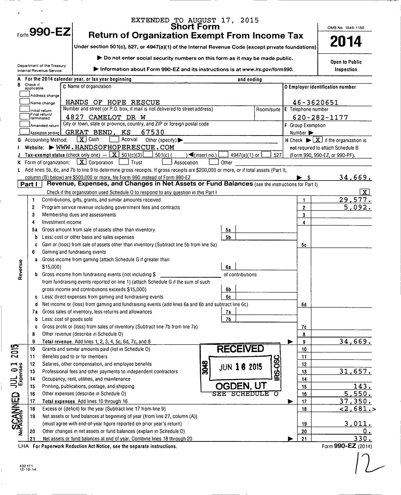 Image of first page of 2014 Form 990EZ for Hands of Hope Rescue