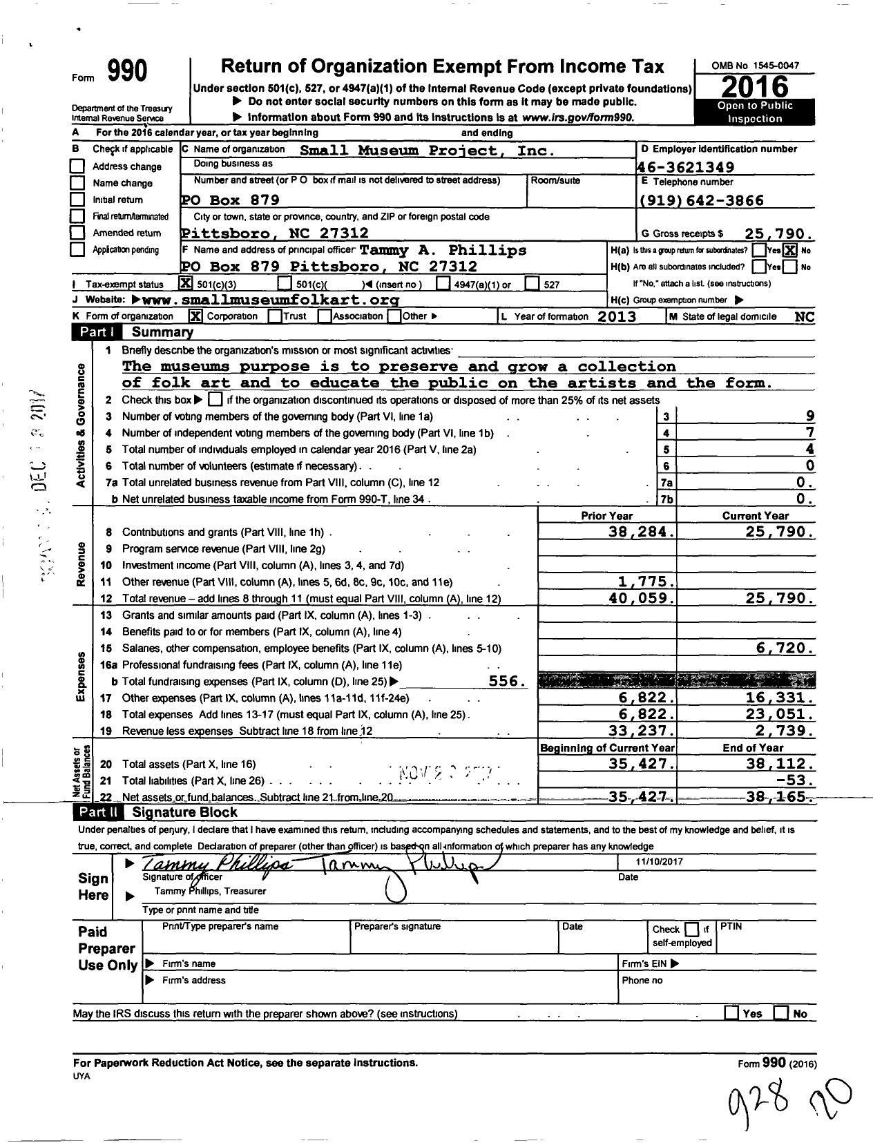 Image of first page of 2016 Form 990 for Small Museum Project Inc Small Museum of FolkArt