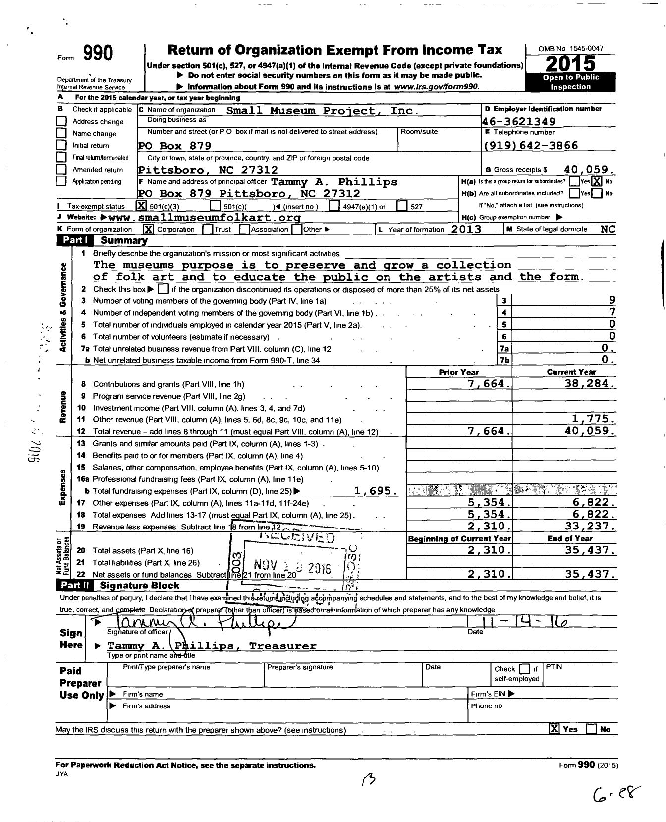 Image of first page of 2015 Form 990 for Small Museum Project Inc Small Museum of FolkArt