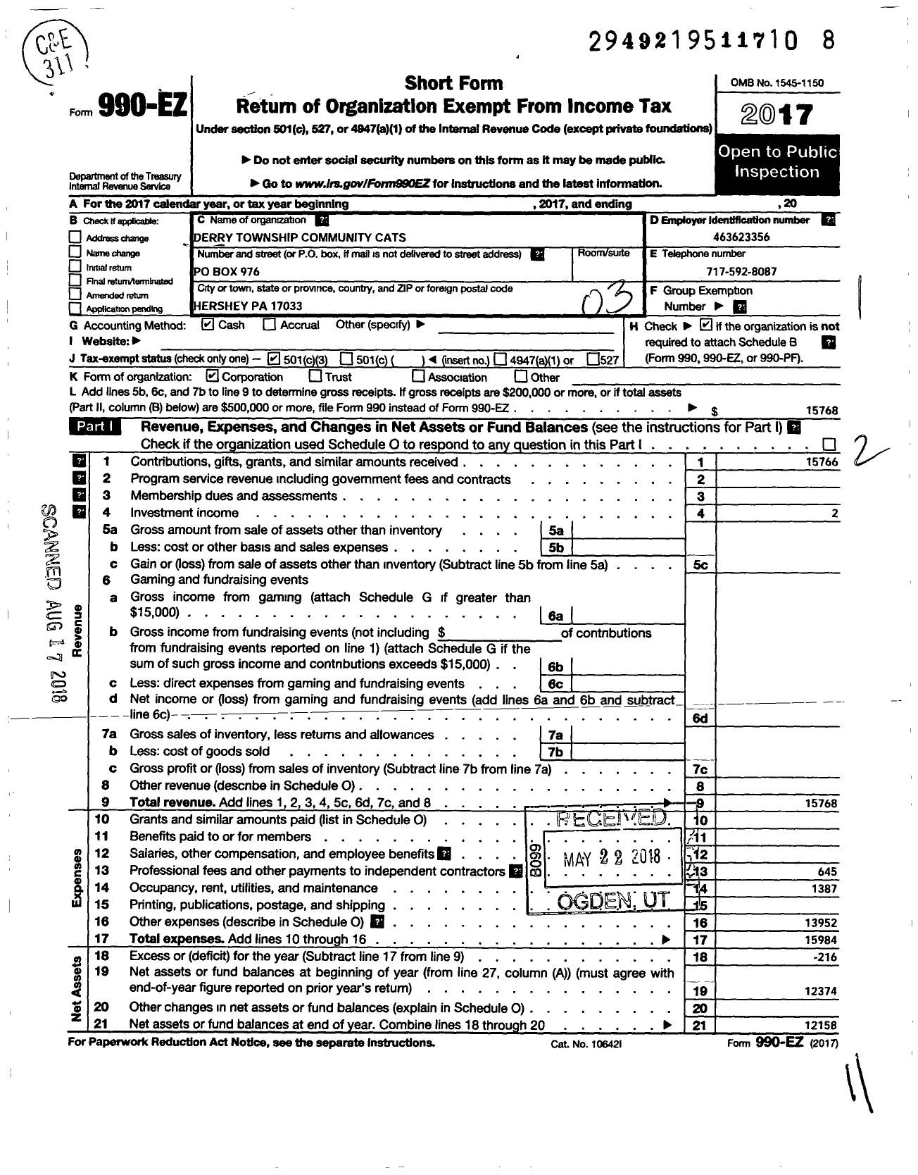 Image of first page of 2017 Form 990EZ for Derry Township Community Cats (DTCC)