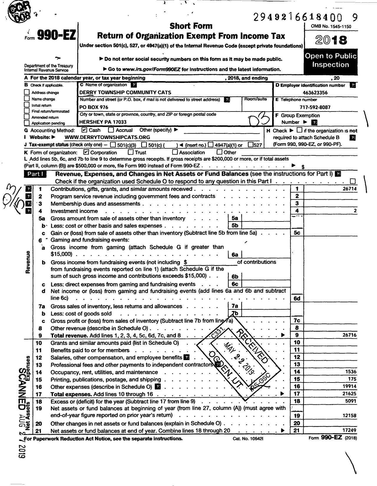 Image of first page of 2018 Form 990EZ for Derry Township Community Cats (DTCC)