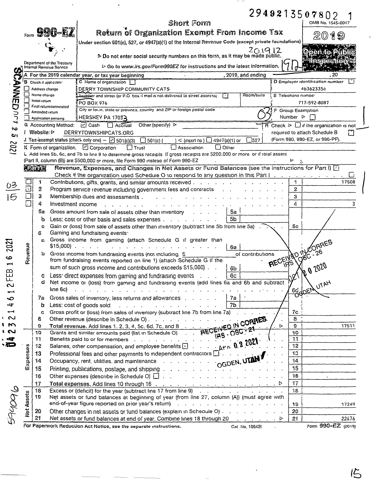 Image of first page of 2019 Form 990EZ for Derry Township Community Cats (DTCC)