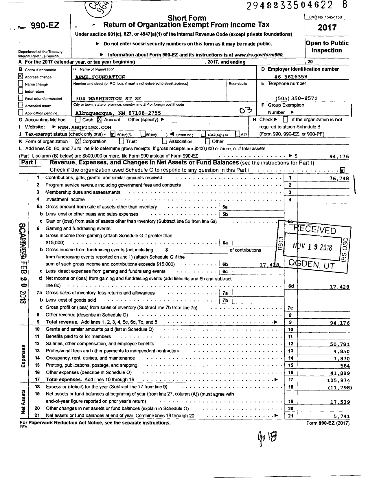 Image of first page of 2017 Form 990EZ for Afme Foundation