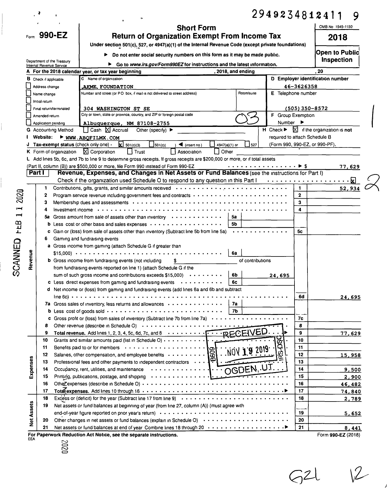 Image of first page of 2018 Form 990EZ for Afme Foundation