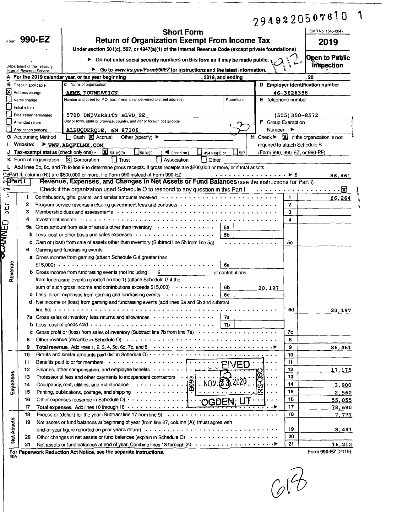 Image of first page of 2019 Form 990EZ for Afme Foundation