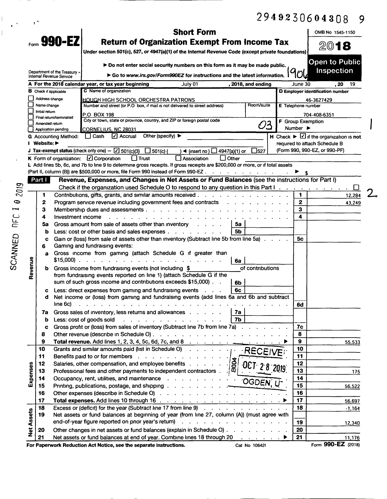 Image of first page of 2018 Form 990EZ for Hough High School Orchestra Patrons